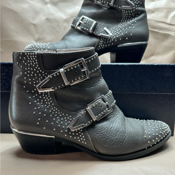 Vince Camuto Tema Gray Leather Studded Cowboy Booties Riding Buckle back Zip - Picture 2 of 8